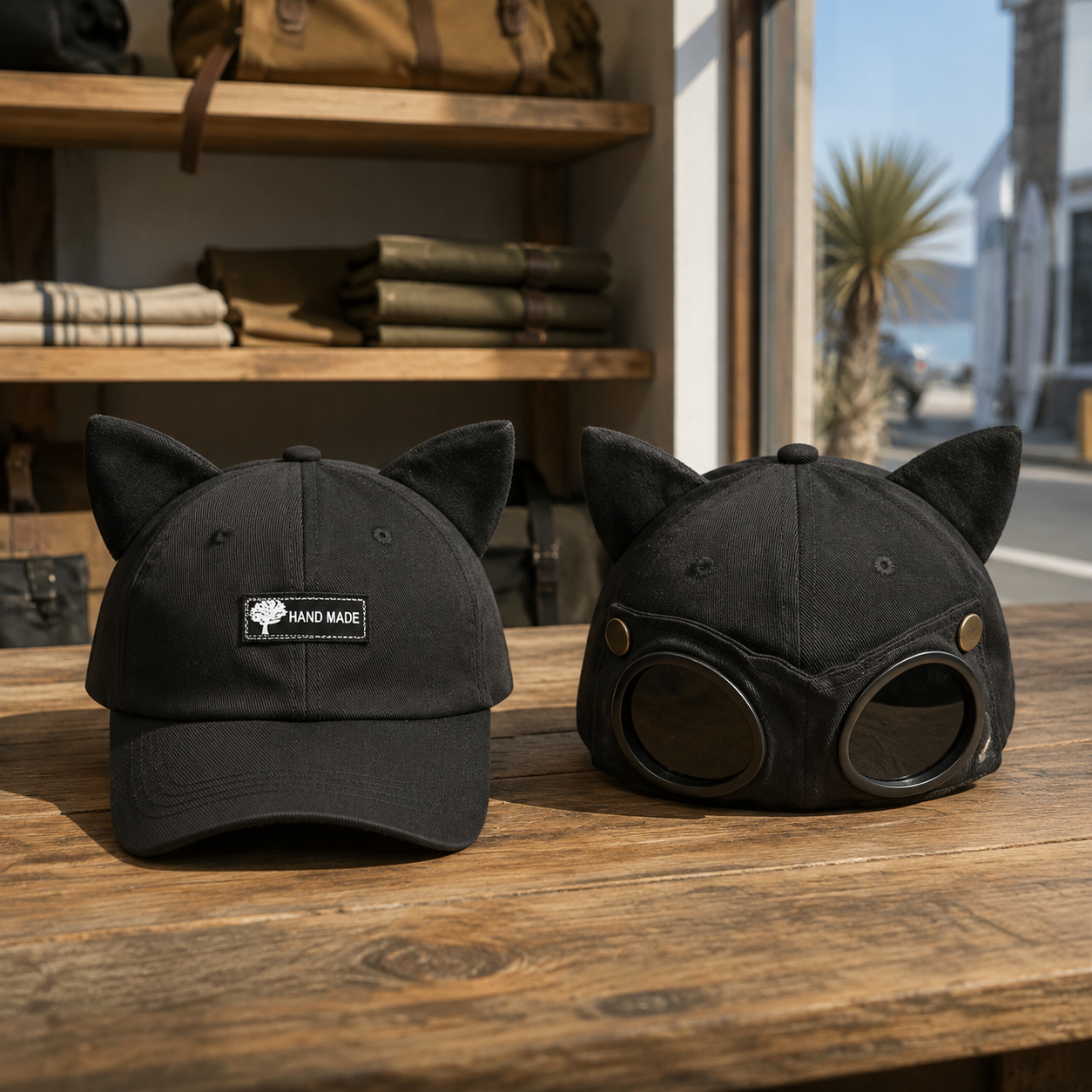 Convertible Cat Ear Baseball Cap with Built-In Goggles