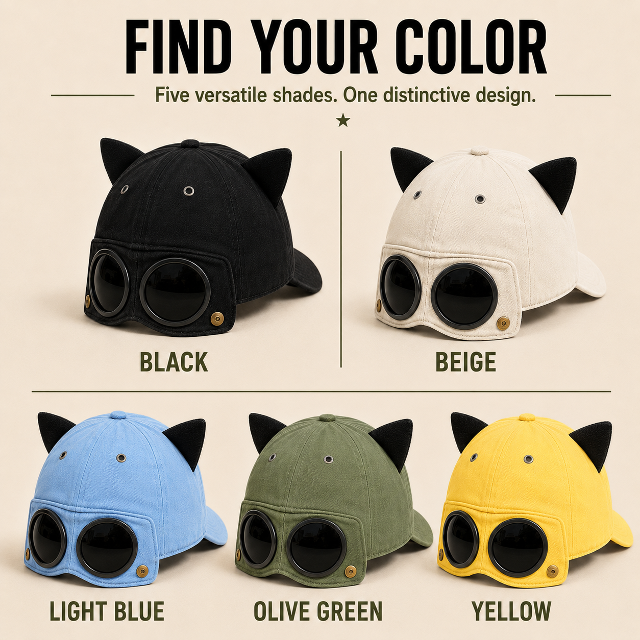 Convertible Cat Ear Baseball Cap with Built-In Goggles