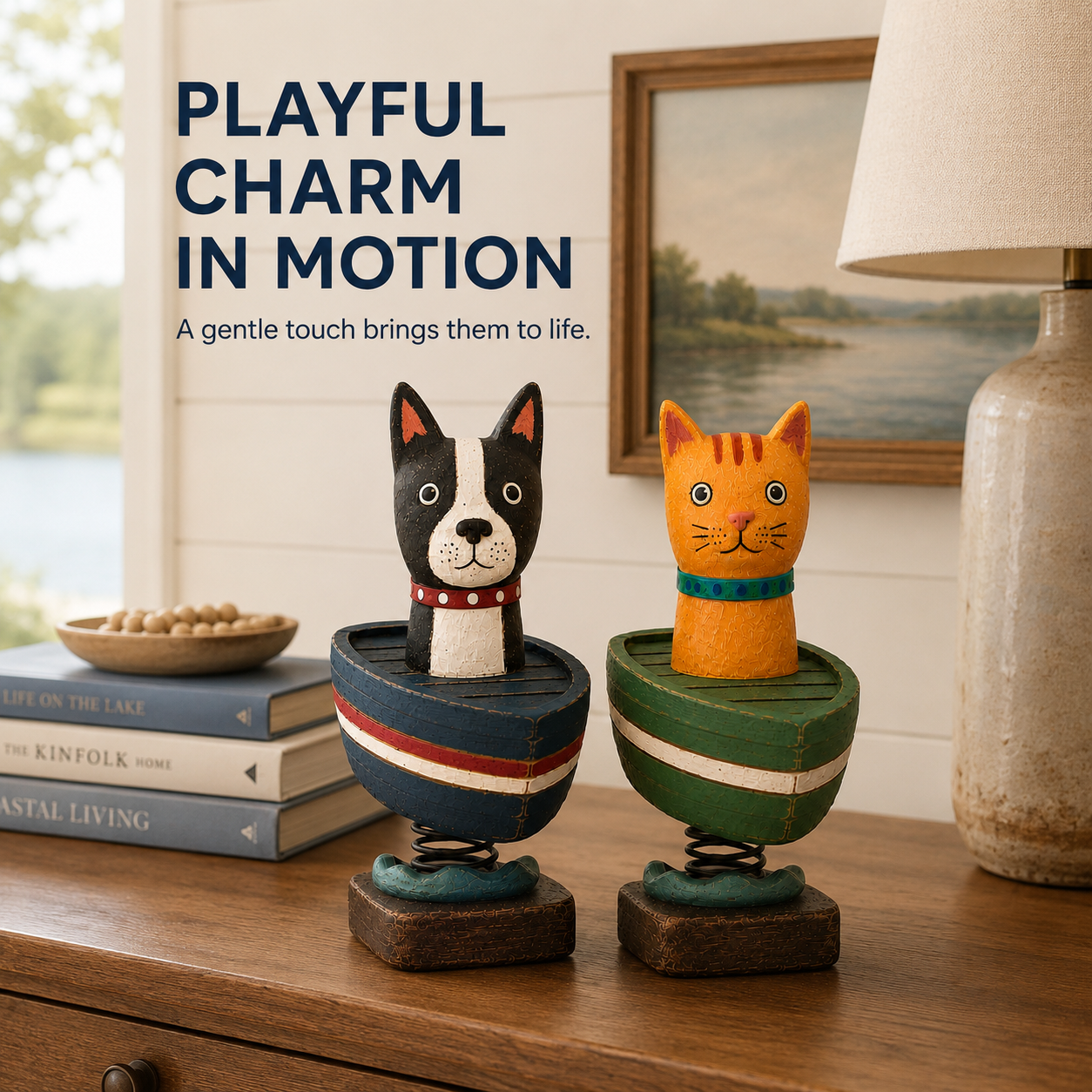 Whimsical Cat & Dog Boat Bobble Figurines