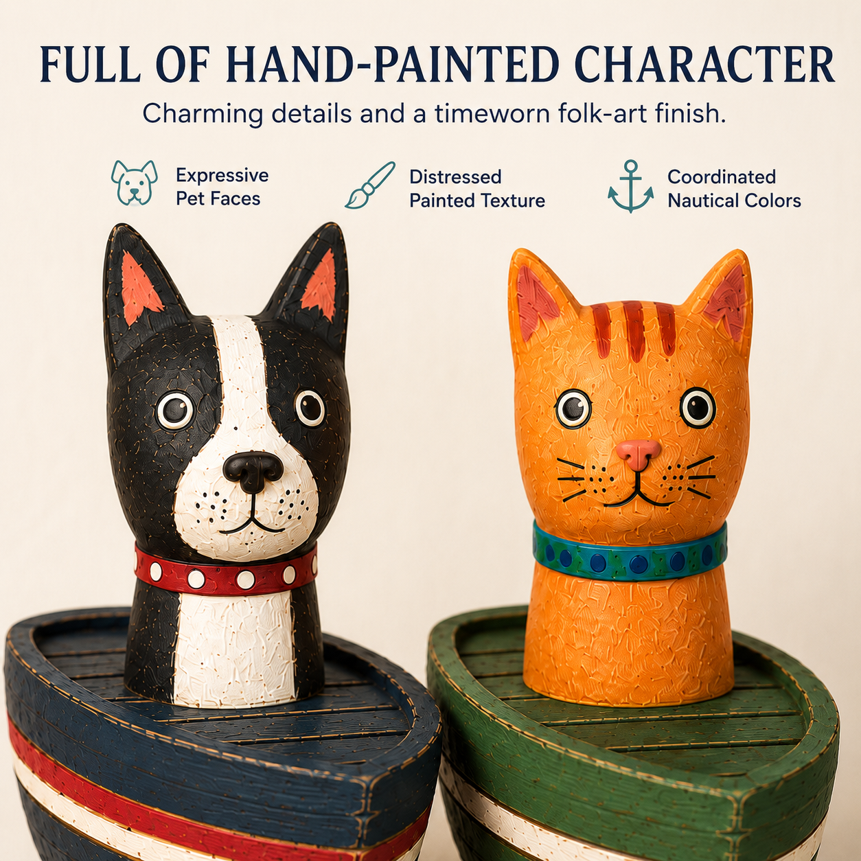 Whimsical Cat & Dog Boat Bobble Figurines