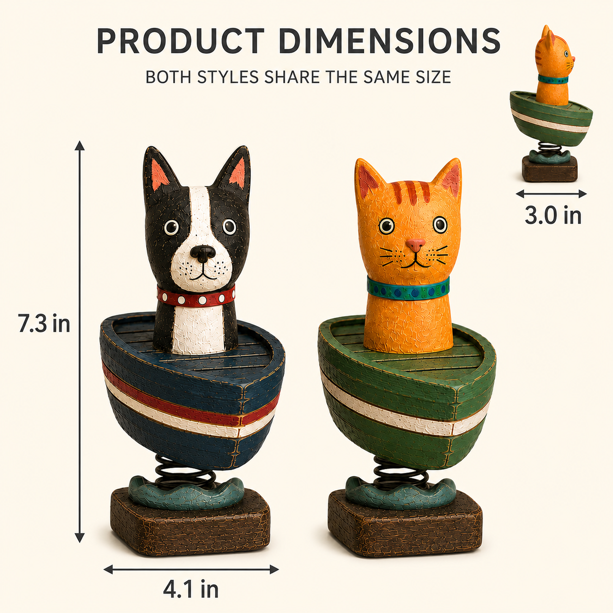 Whimsical Cat & Dog Boat Bobble Figurines