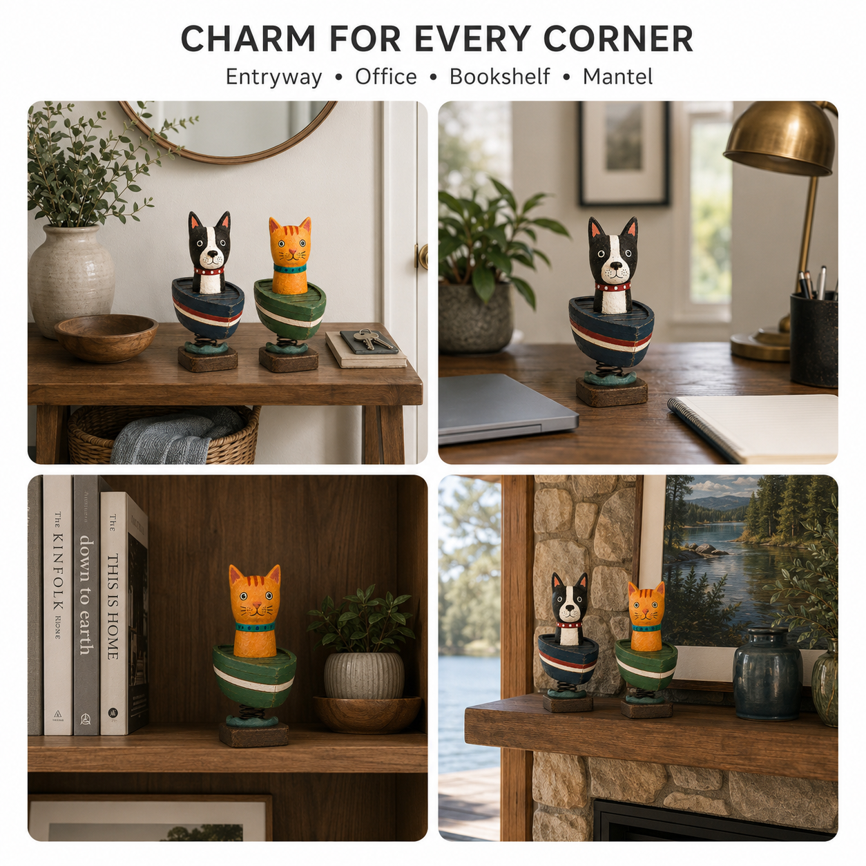 Whimsical Cat & Dog Boat Bobble Figurines
