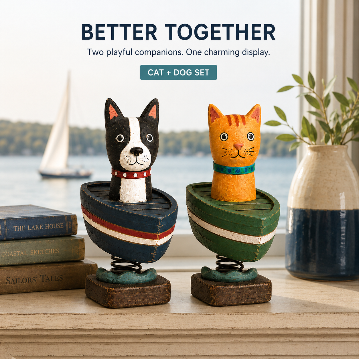 Whimsical Cat & Dog Boat Bobble Figurines