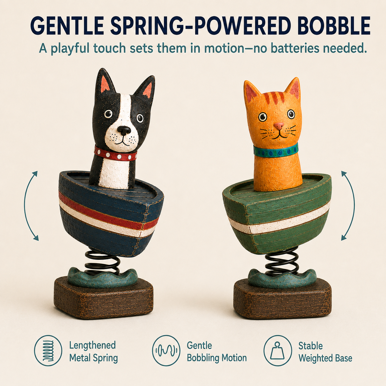 Whimsical Cat & Dog Boat Bobble Figurines