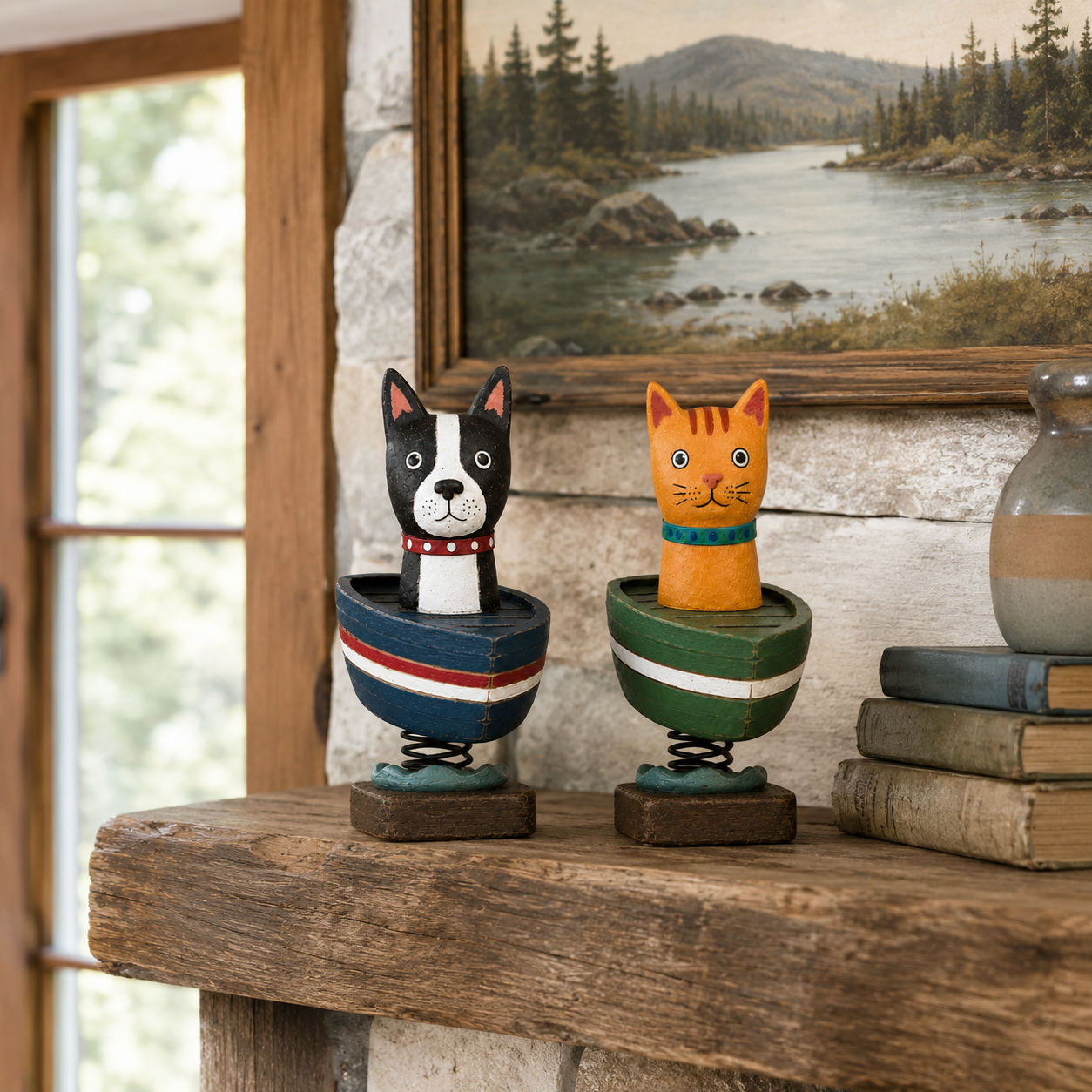 Whimsical Cat & Dog Boat Bobble Figurines