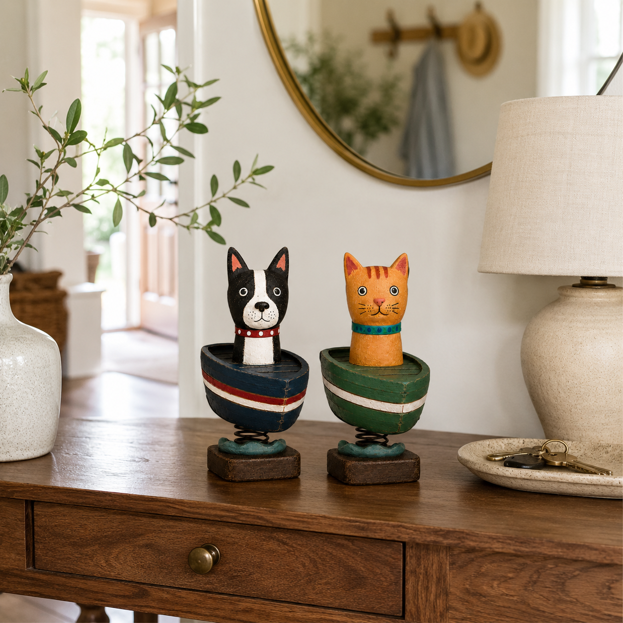Whimsical Cat & Dog Boat Bobble Figurines