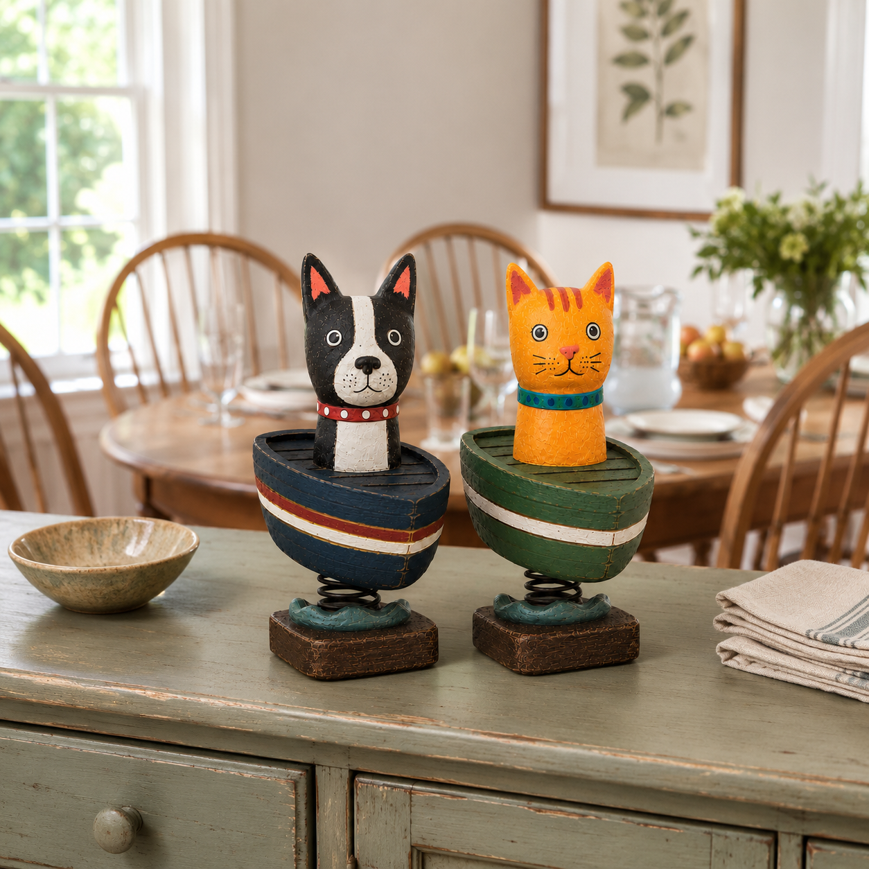 Whimsical Cat & Dog Boat Bobble Figurines