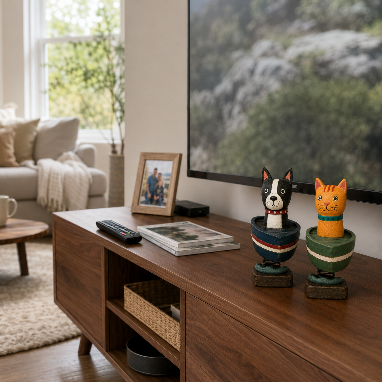 Whimsical Cat & Dog Boat Bobble Figurines