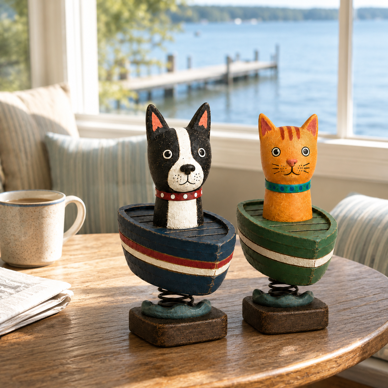 Whimsical Cat & Dog Boat Bobble Figurines