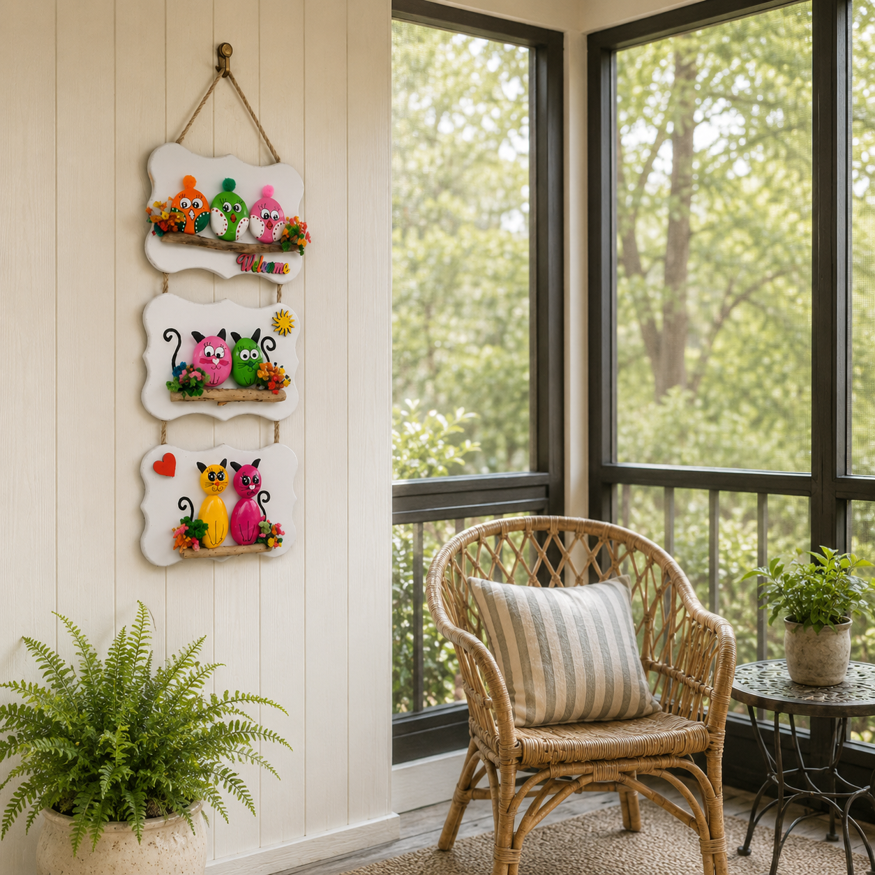 Hand-Painted Birds & Cats Three-Tier Welcome Wall Hanging