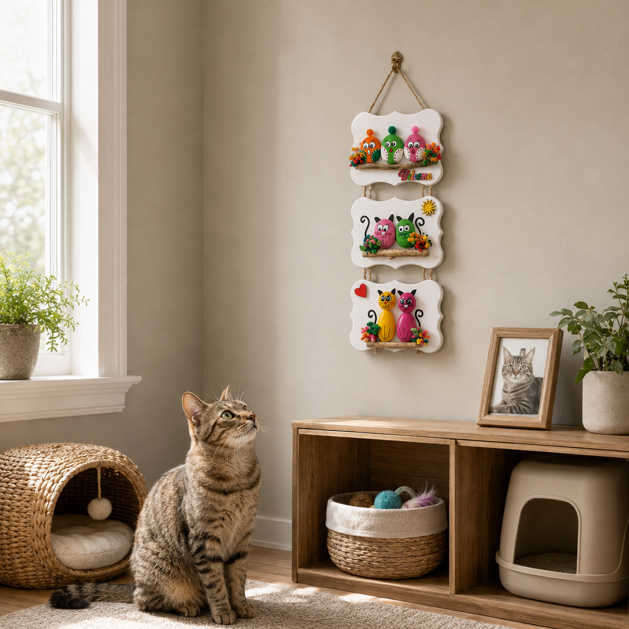 Hand-Painted Birds & Cats Three-Tier Welcome Wall Hanging