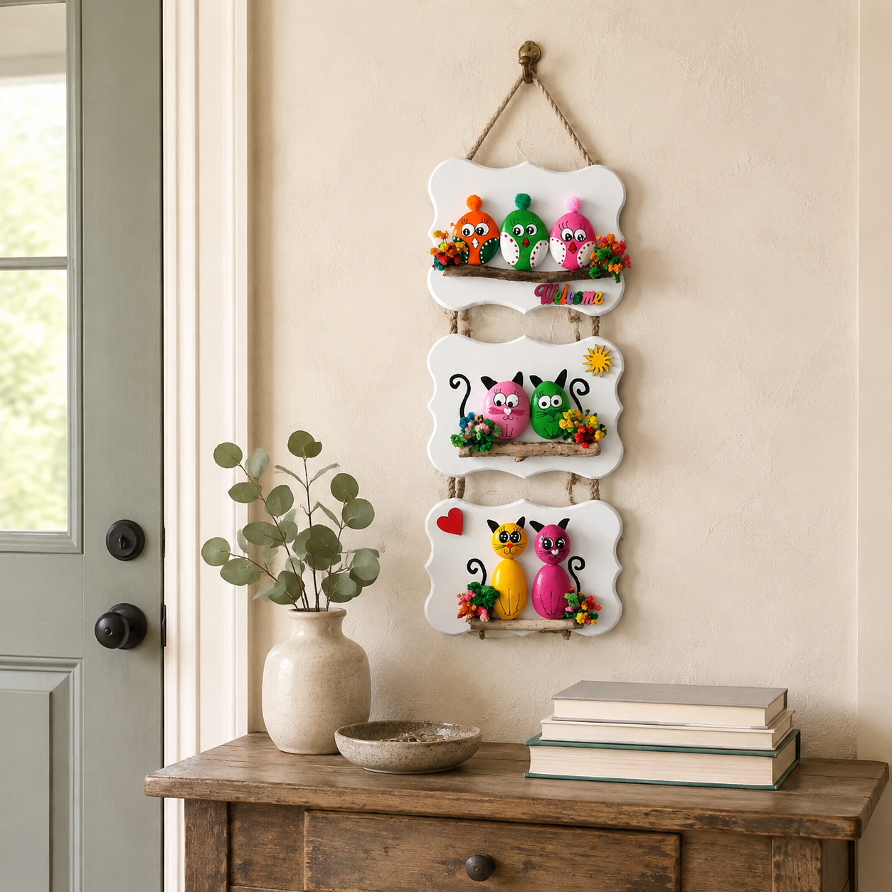 Hand-Painted Birds & Cats Three-Tier Welcome Wall Hanging