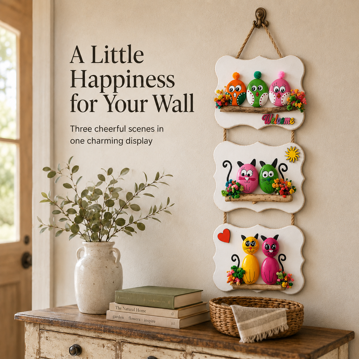 Hand-Painted Birds & Cats Three-Tier Welcome Wall Hanging