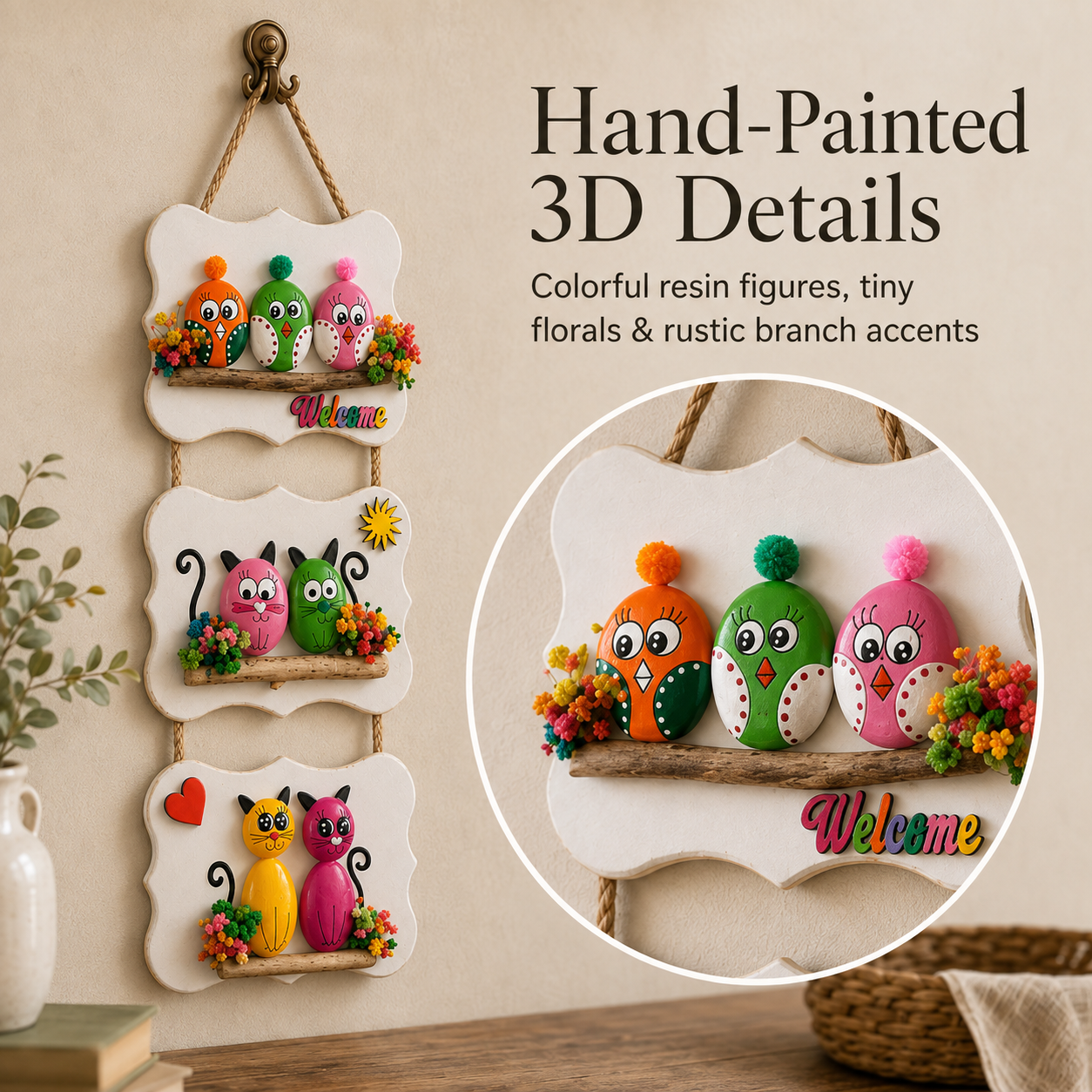 Hand-Painted Birds & Cats Three-Tier Welcome Wall Hanging