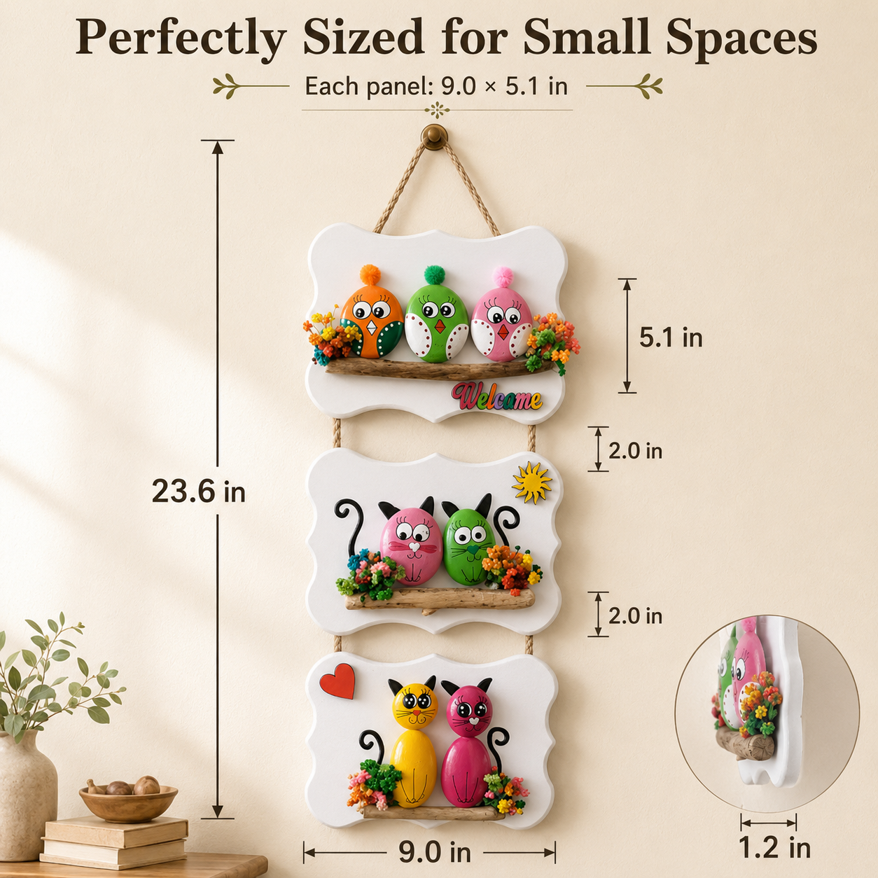 Hand-Painted Birds & Cats Three-Tier Welcome Wall Hanging