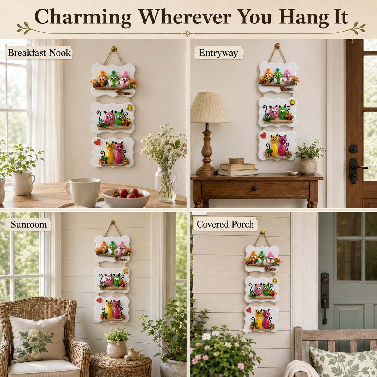 Hand-Painted Birds & Cats Three-Tier Welcome Wall Hanging