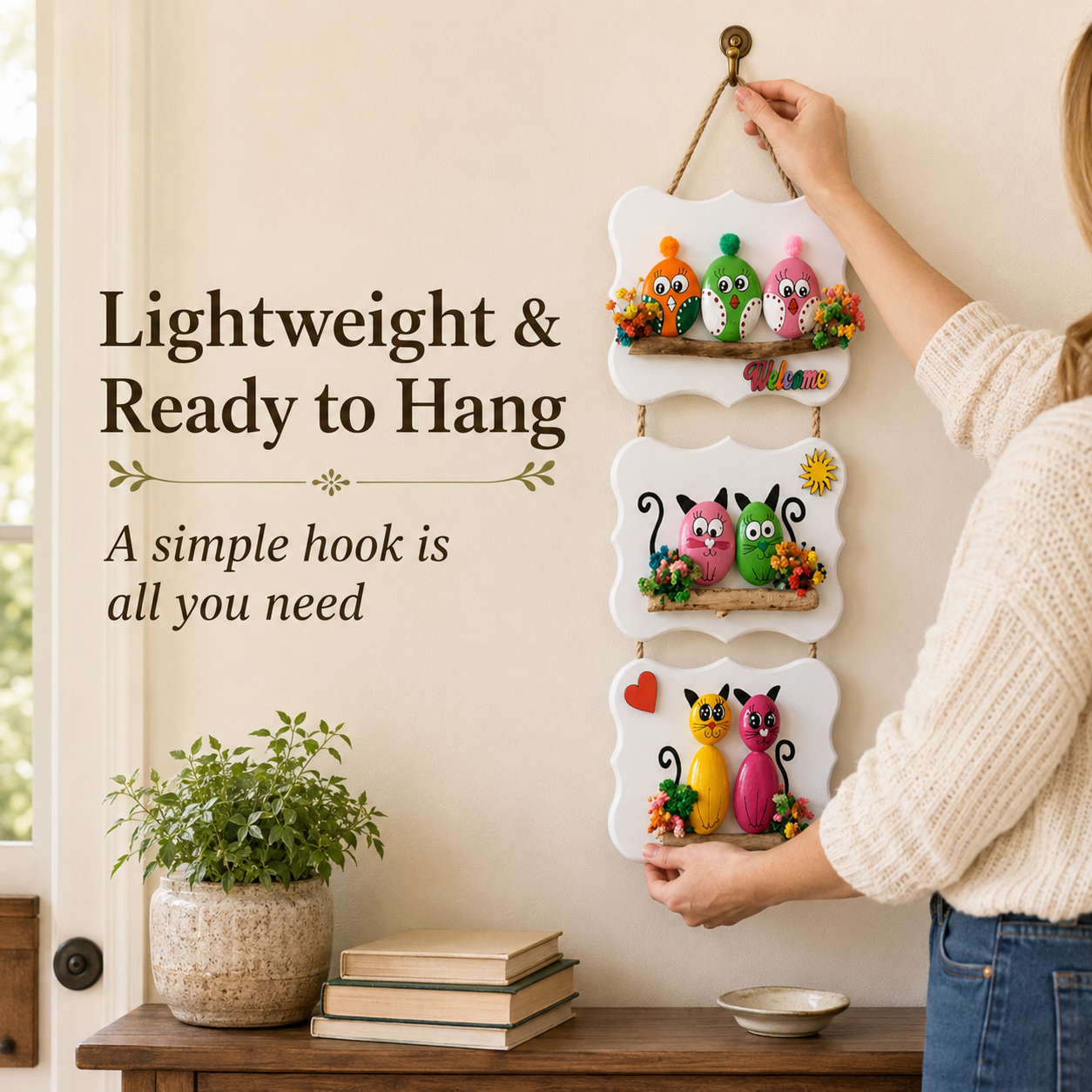 Hand-Painted Birds & Cats Three-Tier Welcome Wall Hanging