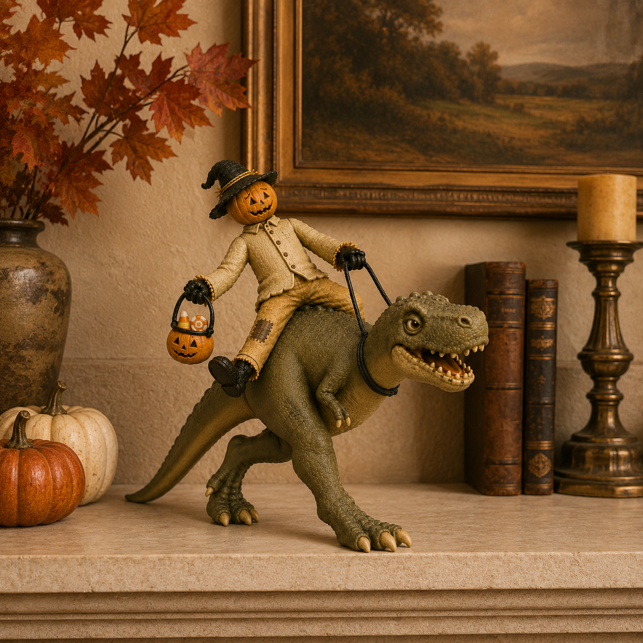 Vintage Pumpkin Scarecrow Riding T-Rex Halloween Figurine