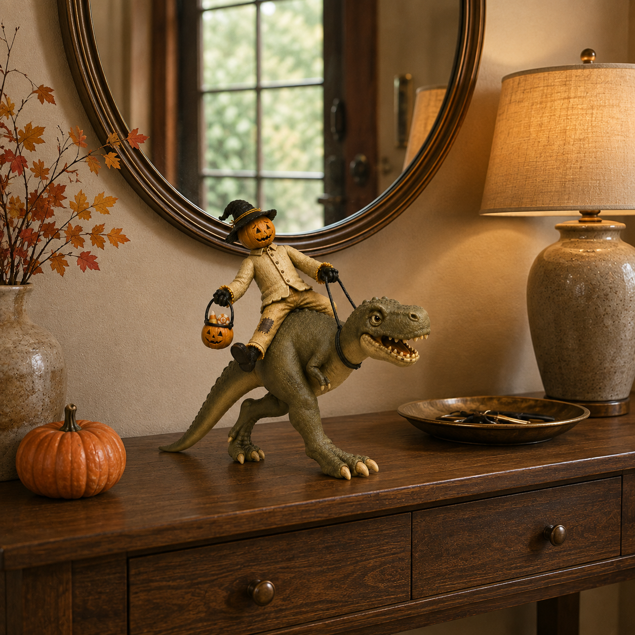 Vintage Pumpkin Scarecrow Riding T-Rex Halloween Figurine