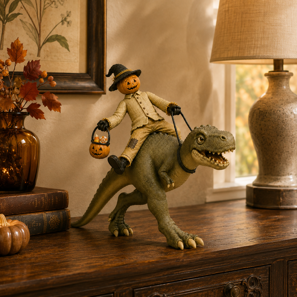 Vintage Pumpkin Scarecrow Riding T-Rex Halloween Figurine