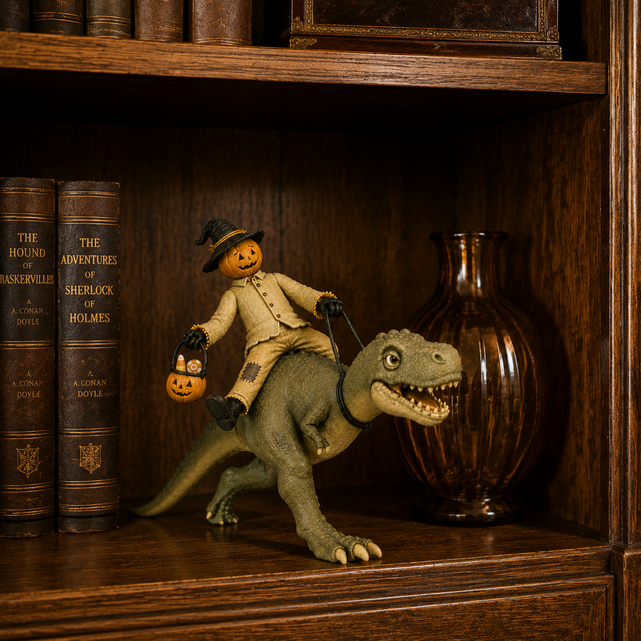 Vintage Pumpkin Scarecrow Riding T-Rex Halloween Figurine