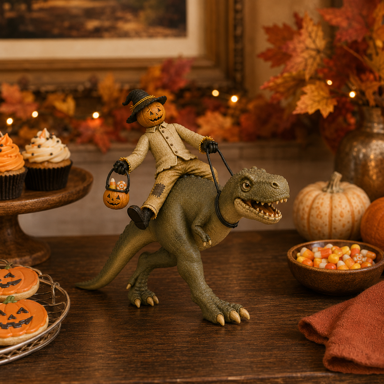 Vintage Pumpkin Scarecrow Riding T-Rex Halloween Figurine