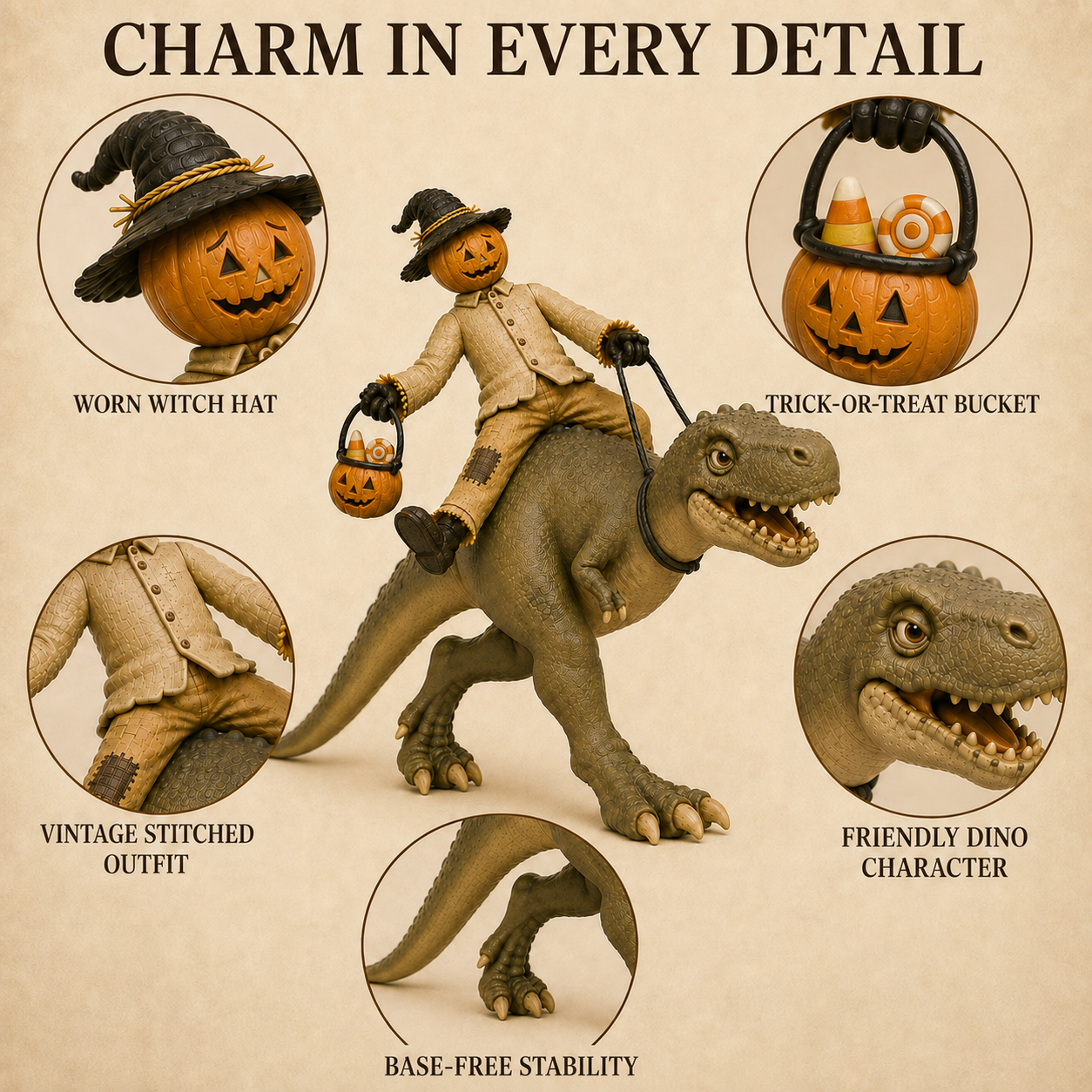 Vintage Pumpkin Scarecrow Riding T-Rex Halloween Figurine