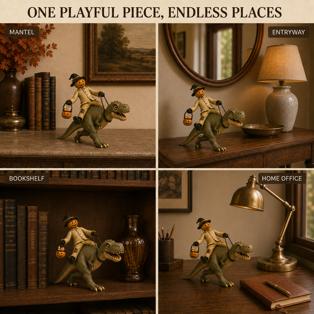 Vintage Pumpkin Scarecrow Riding T-Rex Halloween Figurine