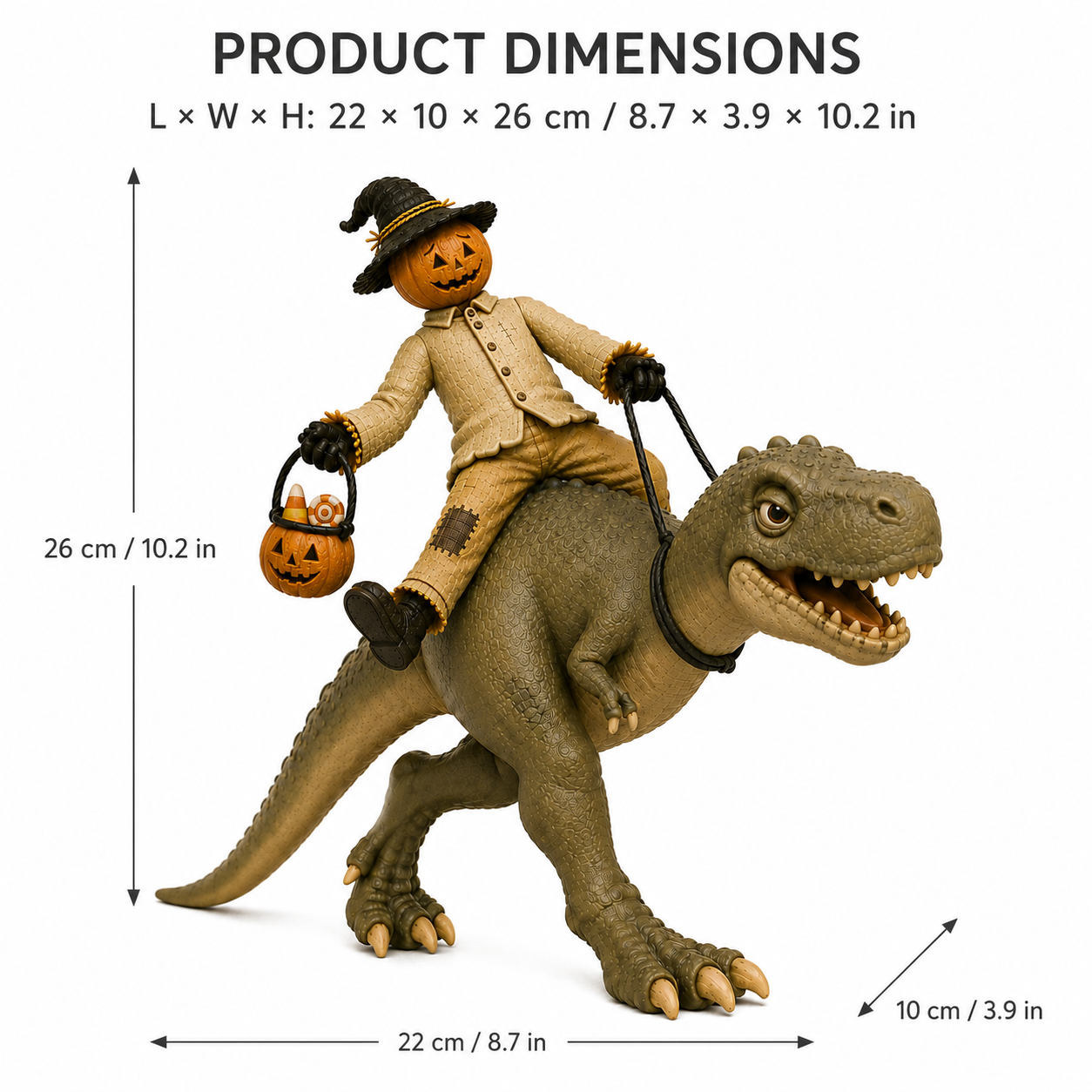 Vintage Pumpkin Scarecrow Riding T-Rex Halloween Figurine