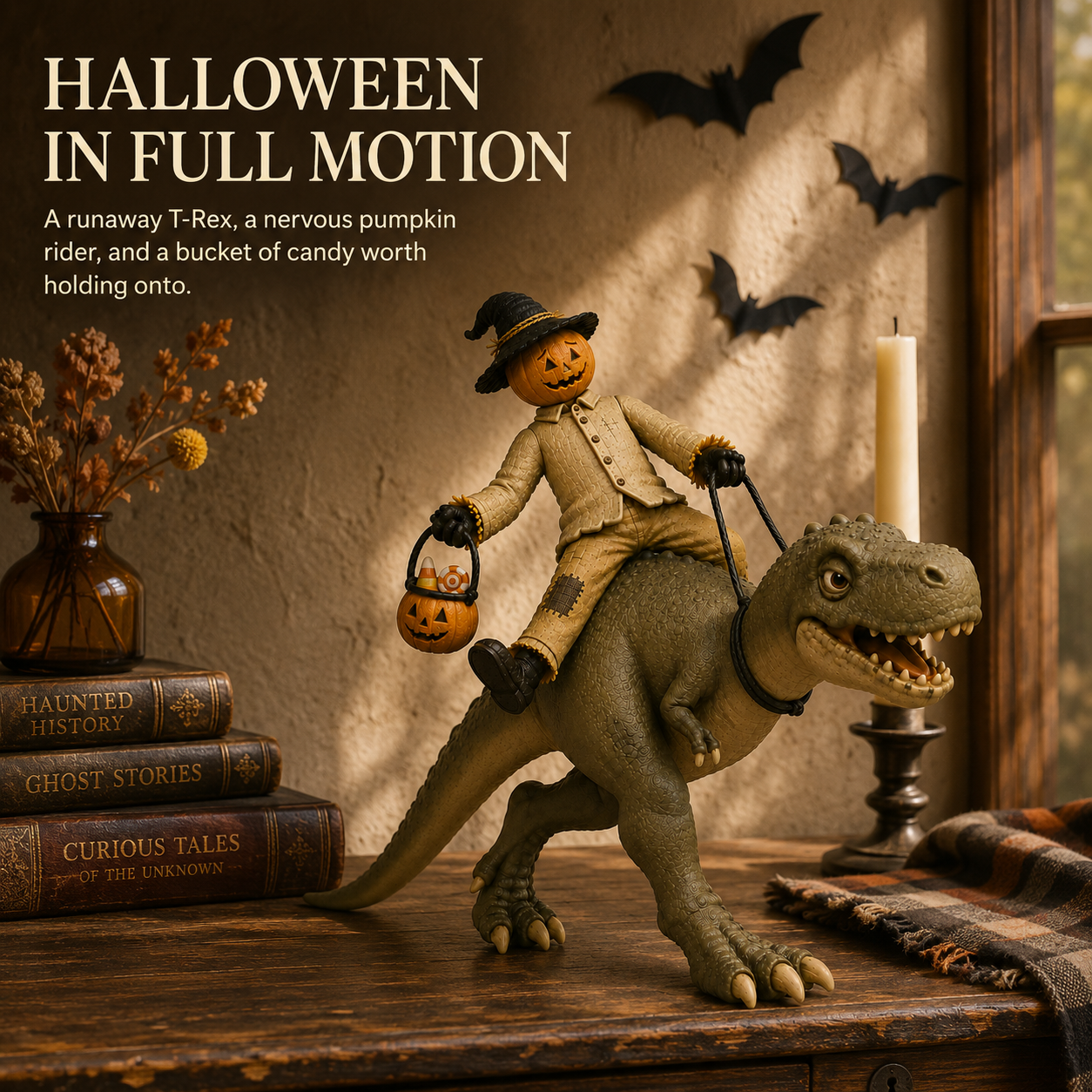 Vintage Pumpkin Scarecrow Riding T-Rex Halloween Figurine