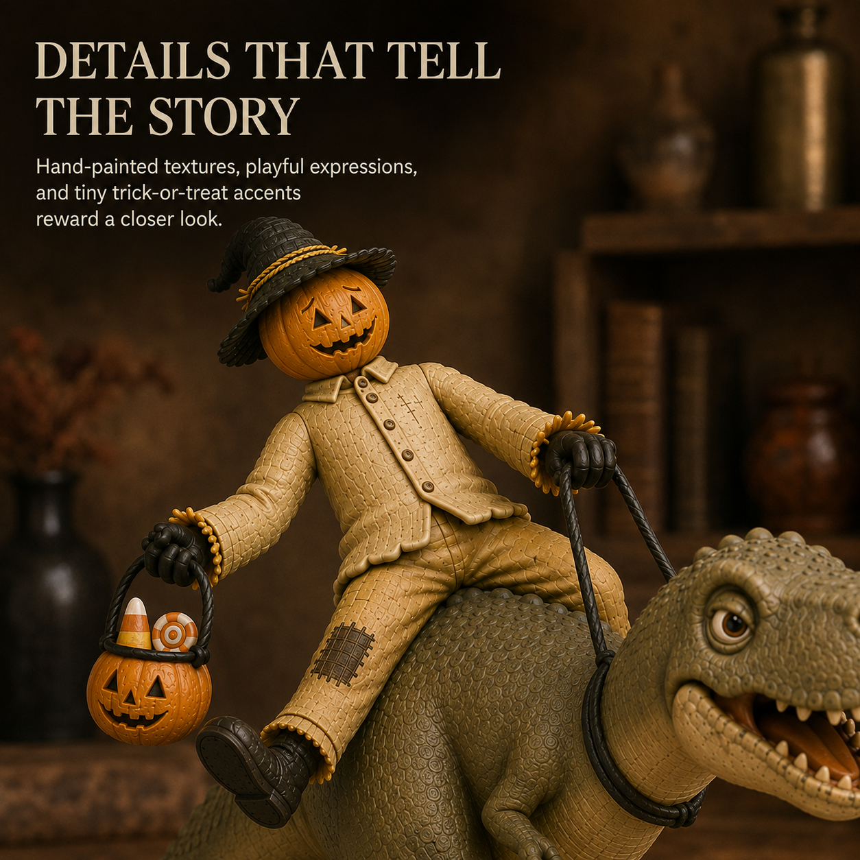 Vintage Pumpkin Scarecrow Riding T-Rex Halloween Figurine