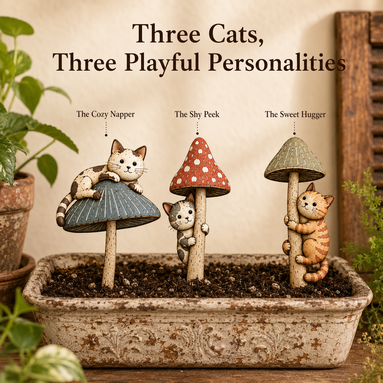 Whimsical Cat & Mushroom Plant Pot Stakes – Set of 3