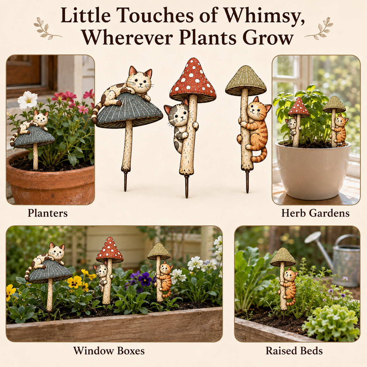 Whimsical Cat & Mushroom Plant Pot Stakes – Set of 3