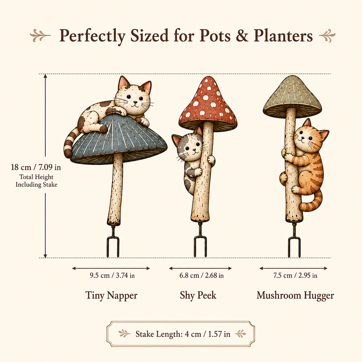 Whimsical Cat & Mushroom Plant Pot Stakes – Set of 3