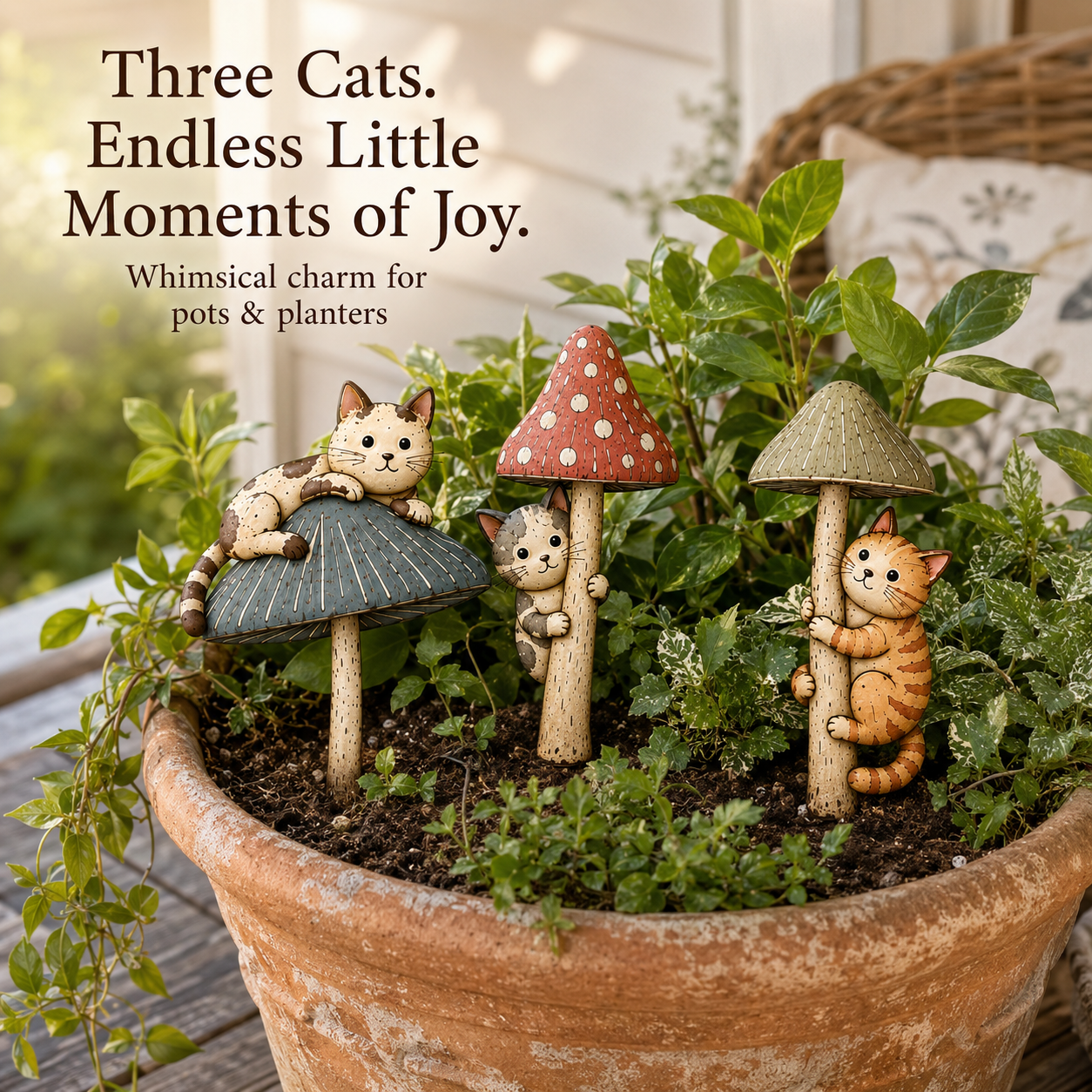 Whimsical Cat & Mushroom Plant Pot Stakes – Set of 3