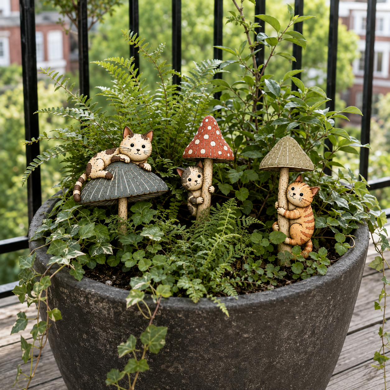 Whimsical Cat & Mushroom Plant Pot Stakes – Set of 3