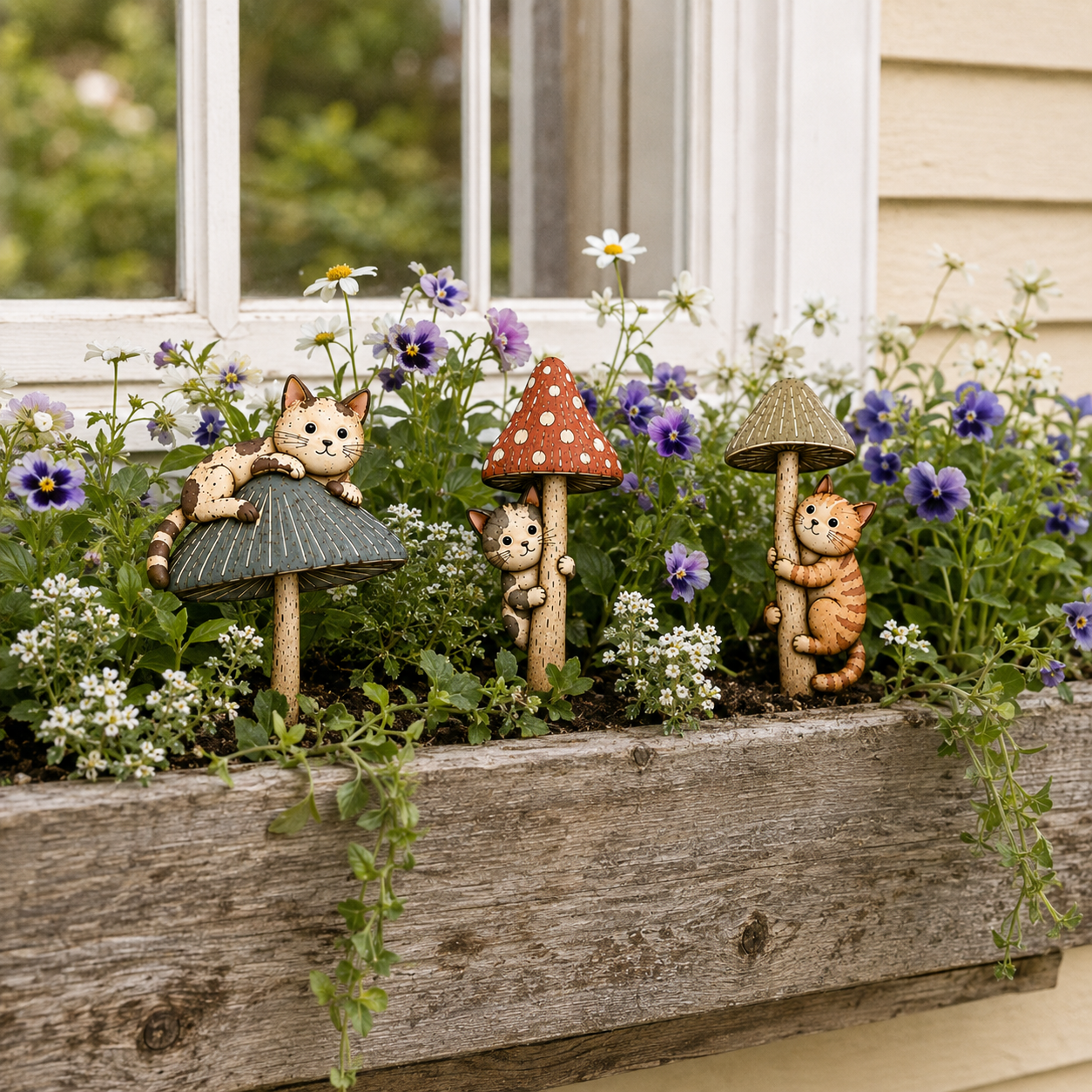 Whimsical Cat & Mushroom Plant Pot Stakes – Set of 3