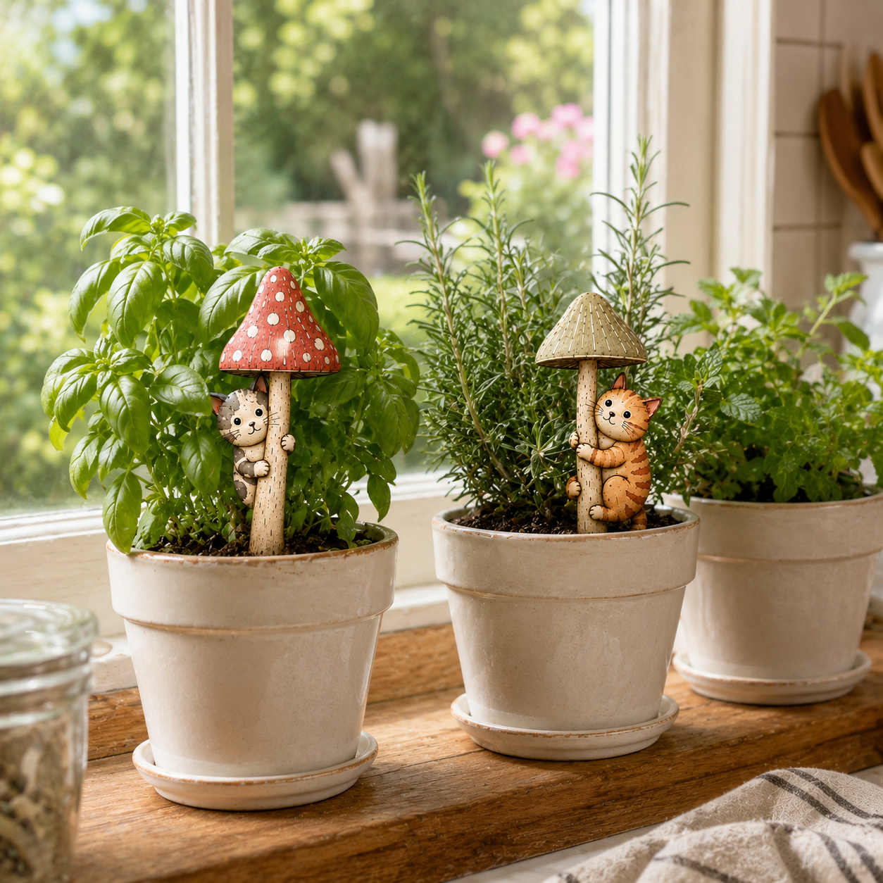 Whimsical Cat & Mushroom Plant Pot Stakes – Set of 3