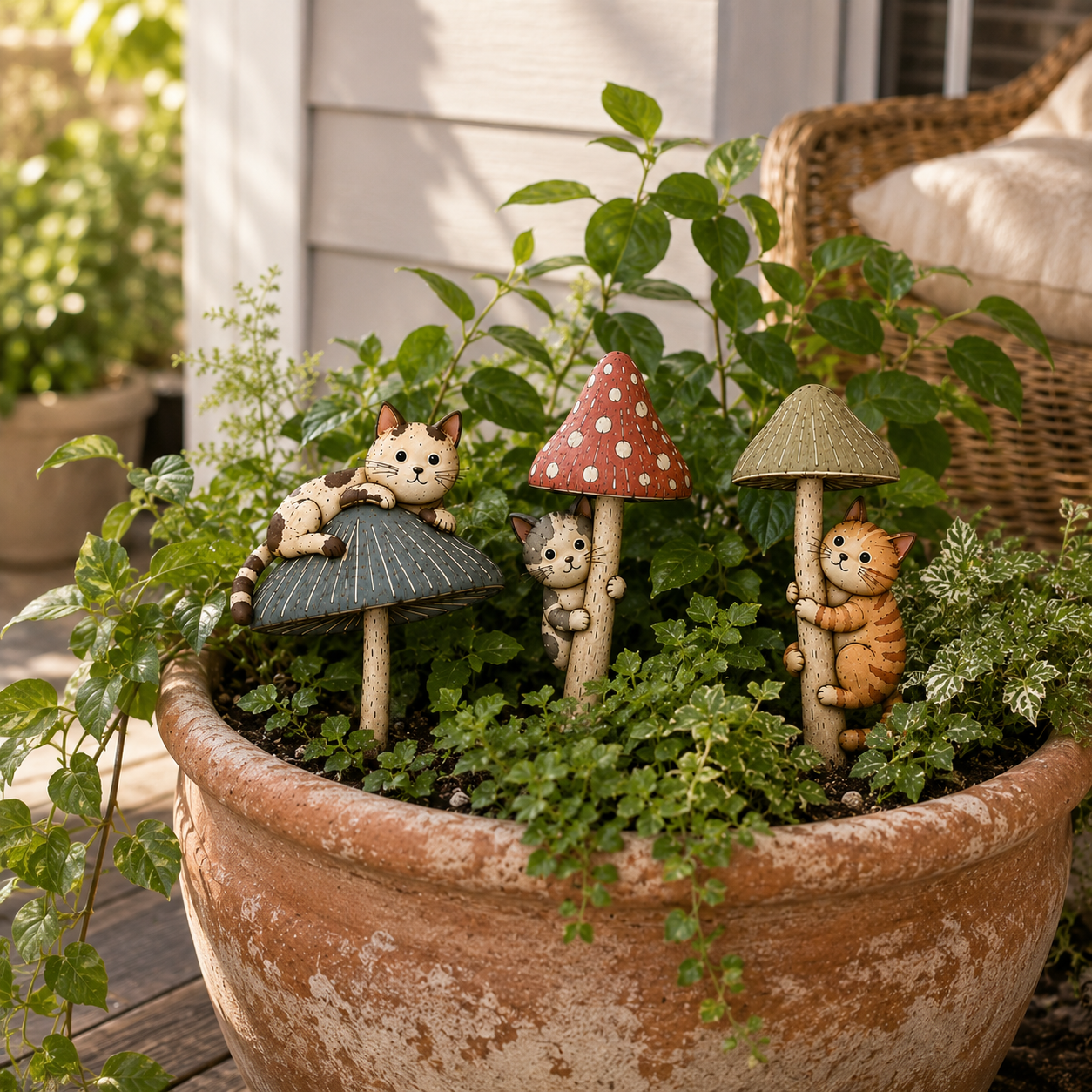 Whimsical Cat & Mushroom Plant Pot Stakes – Set of 3