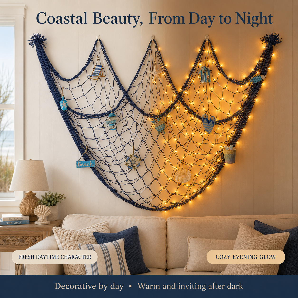 Lighted Coastal Fishing Net Wall Décor with Warm LED Lights & Ocean Ornaments