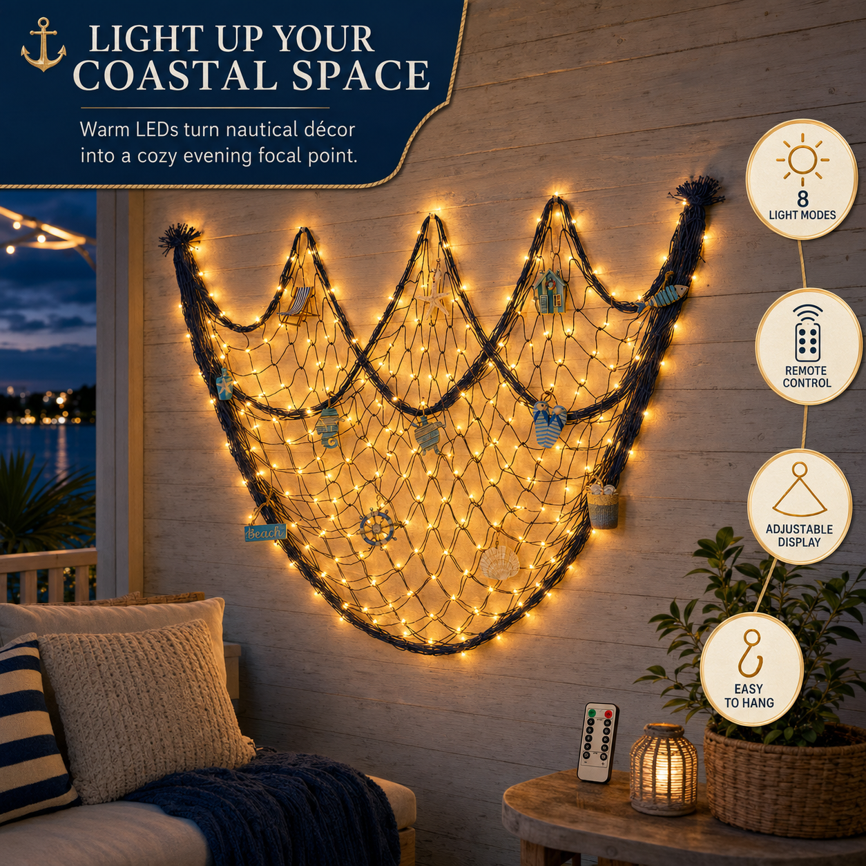 Lighted Coastal Fishing Net Wall Décor with Warm LED Lights & Ocean Ornaments