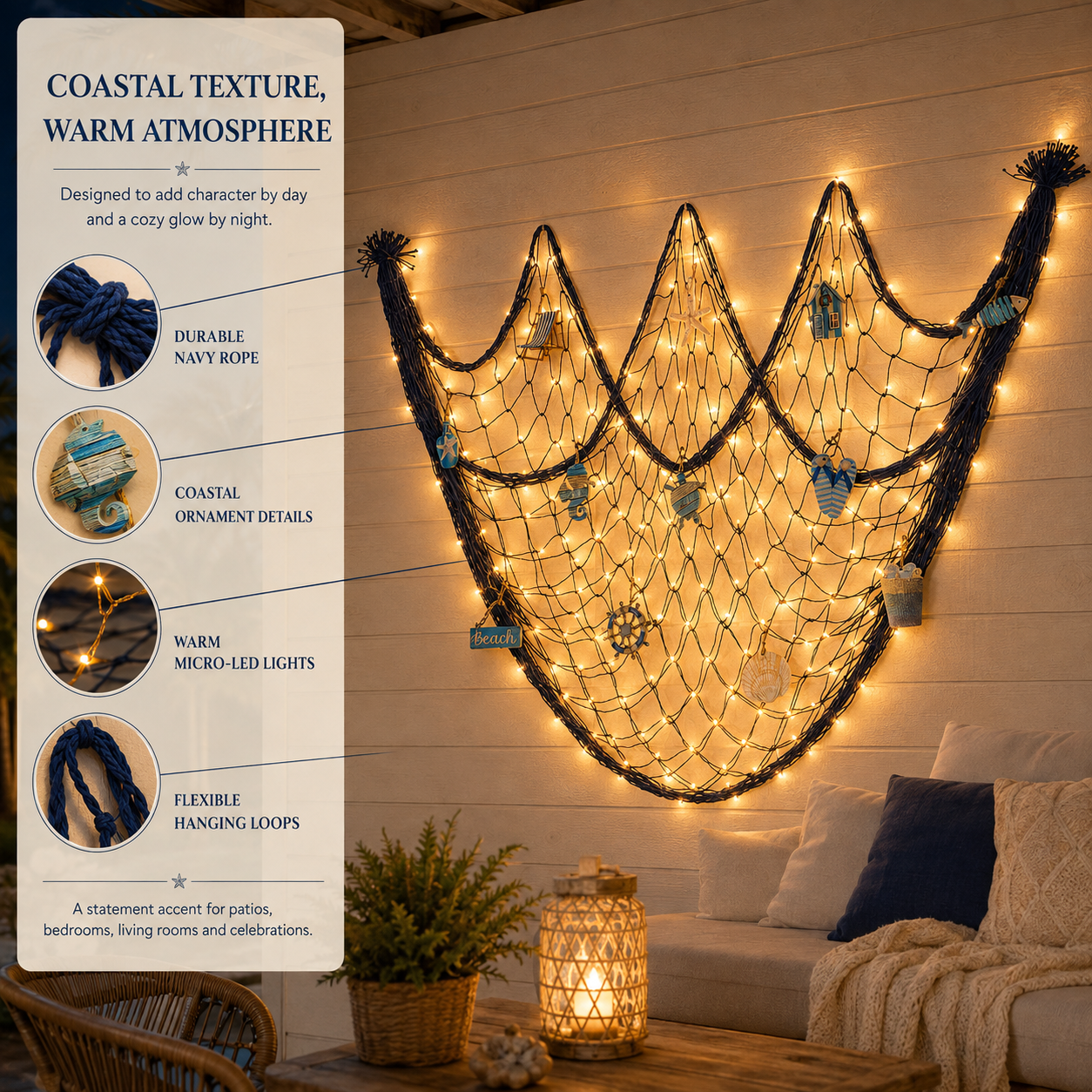 Lighted Coastal Fishing Net Wall Décor with Warm LED Lights & Ocean Ornaments