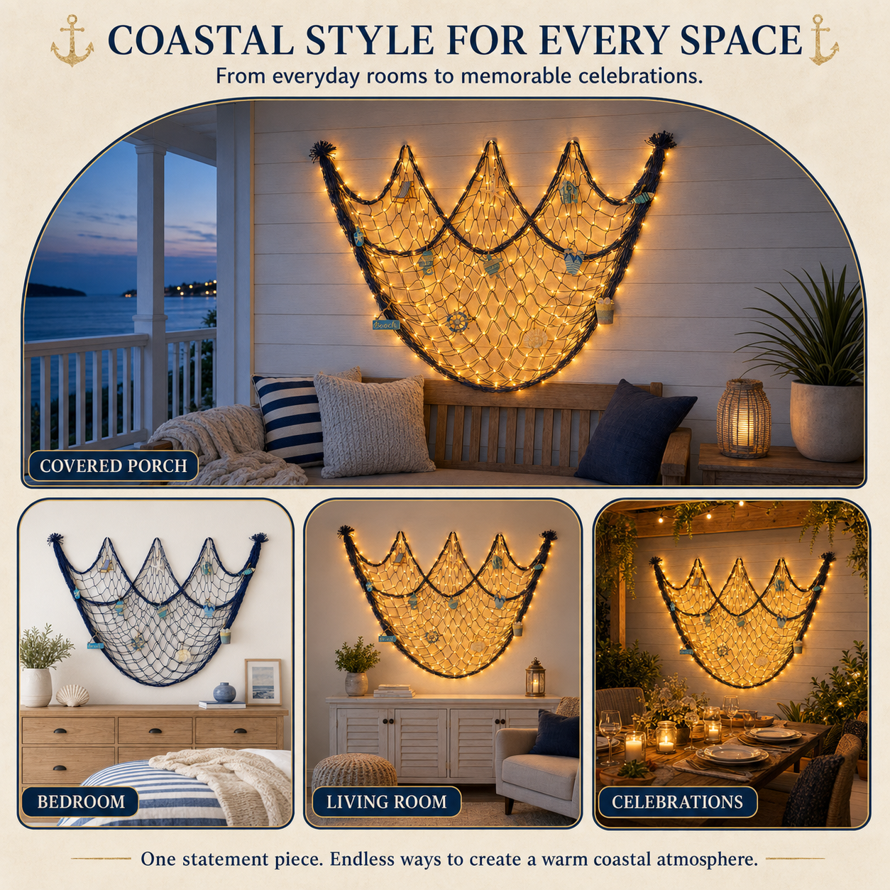 Lighted Coastal Fishing Net Wall Décor with Warm LED Lights & Ocean Ornaments