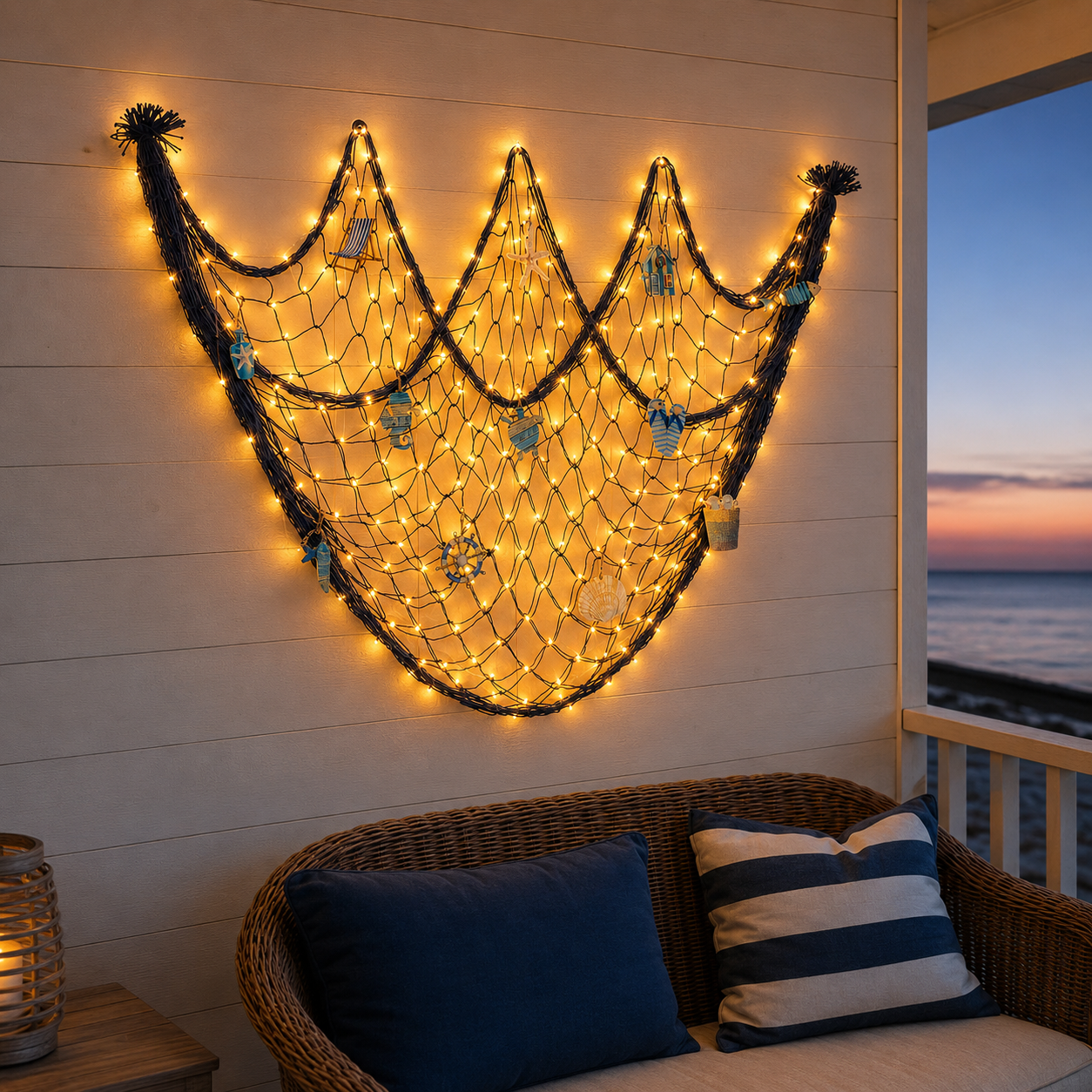 Lighted Coastal Fishing Net Wall Décor with Warm LED Lights & Ocean Ornaments