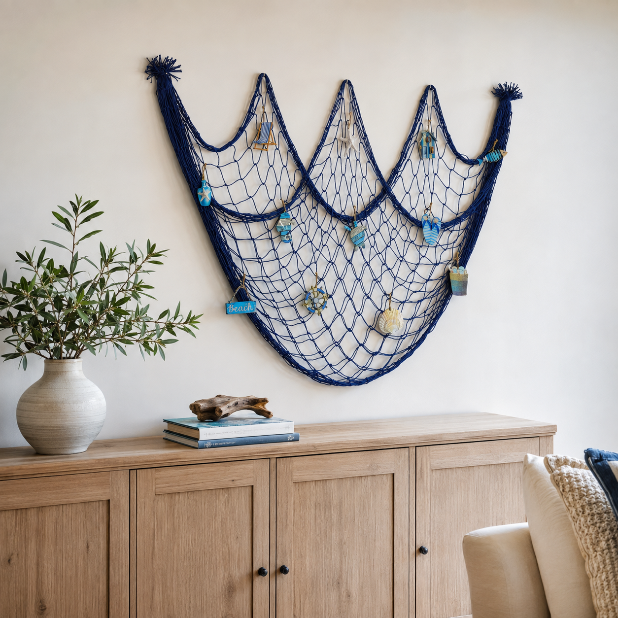 Lighted Coastal Fishing Net Wall Décor with Warm LED Lights & Ocean Ornaments