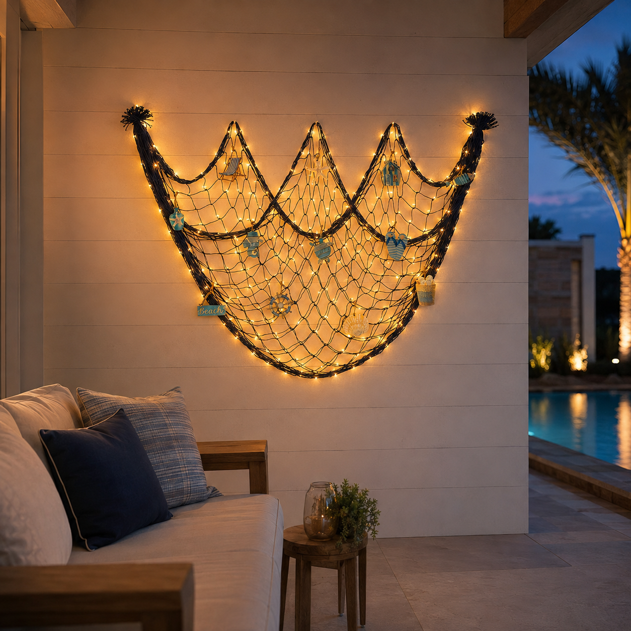 Lighted Coastal Fishing Net Wall Décor with Warm LED Lights & Ocean Ornaments