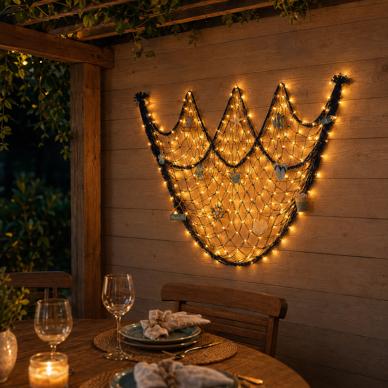 Lighted Coastal Fishing Net Wall Décor with Warm LED Lights & Ocean Ornaments