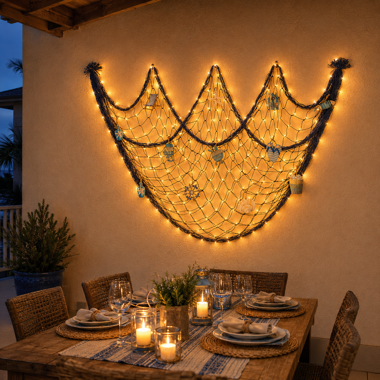Lighted Coastal Fishing Net Wall Décor with Warm LED Lights & Ocean Ornaments