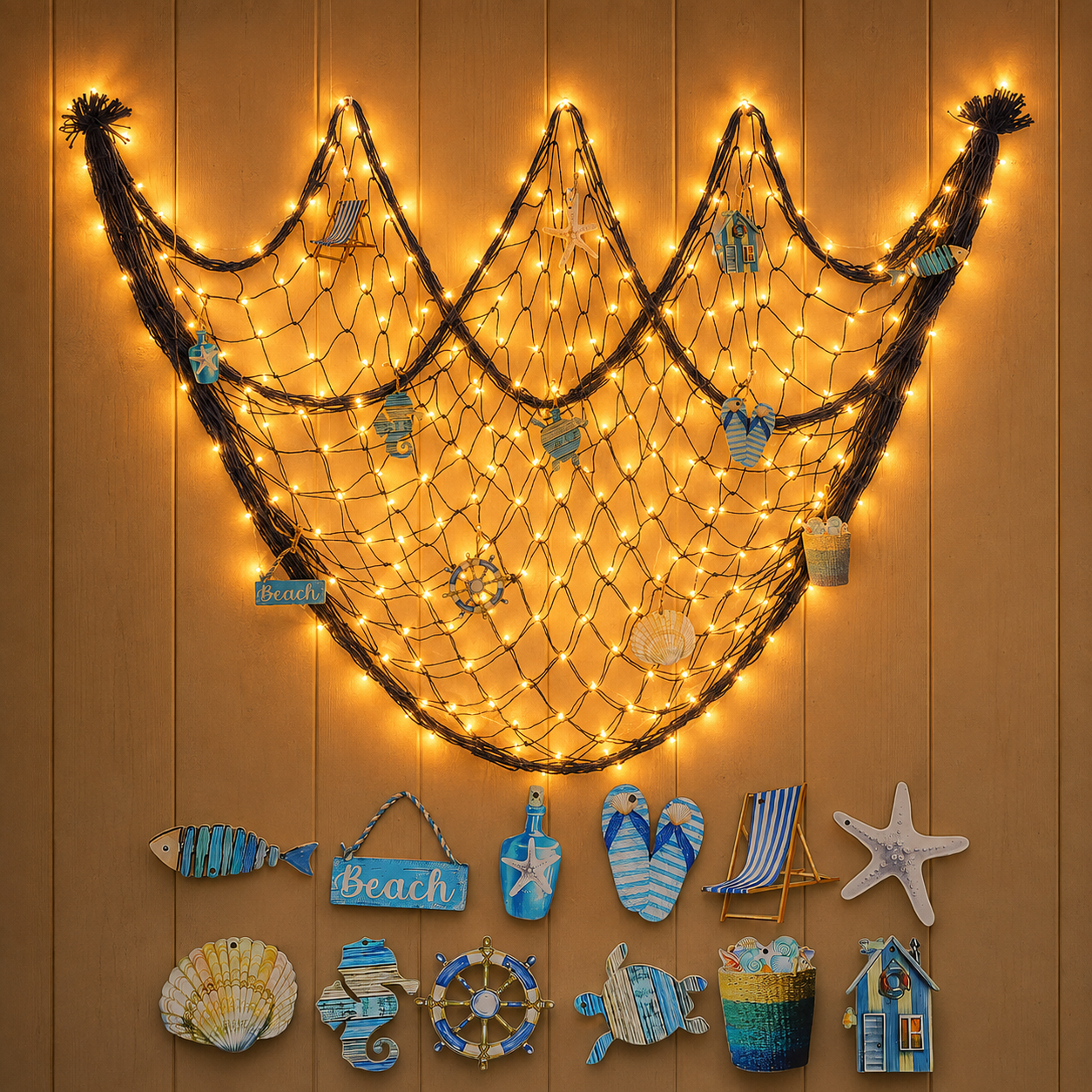Lighted Coastal Fishing Net Wall Décor with Warm LED Lights & Ocean Ornaments
