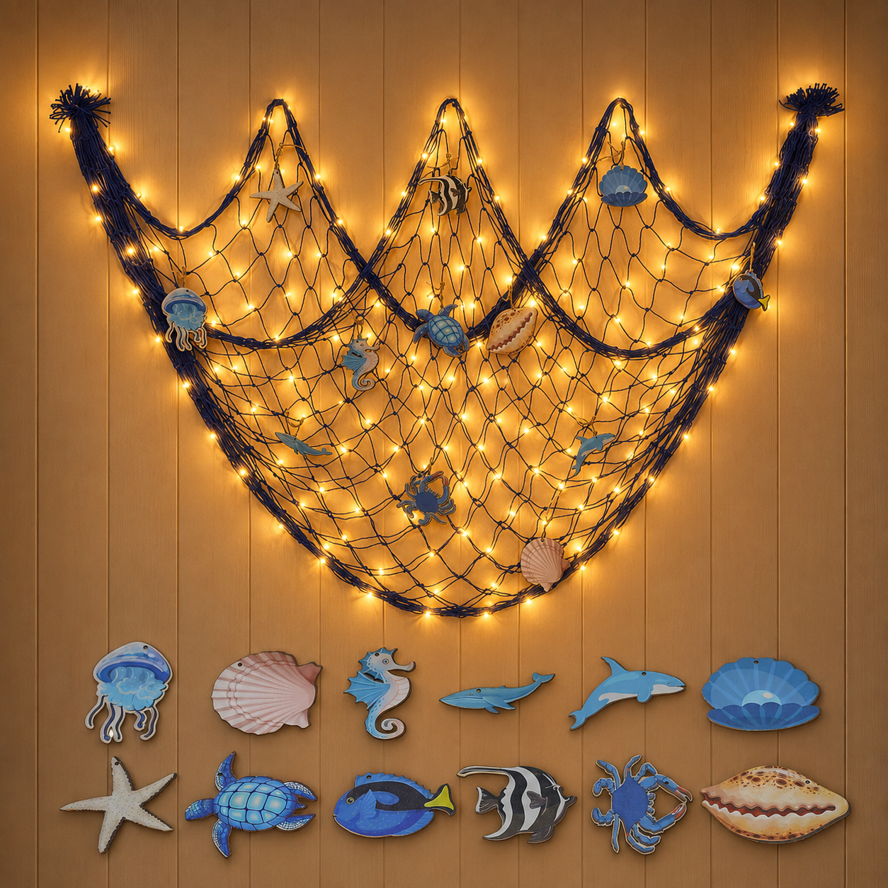 Lighted Coastal Fishing Net Wall Décor with Warm LED Lights & Ocean Ornaments